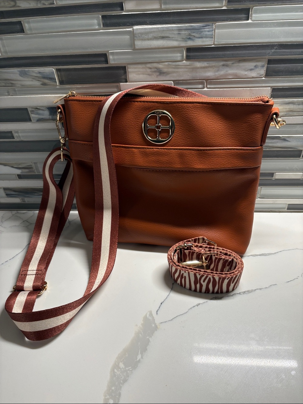 IMAN Tan Leather Crossbody Bag with 2 Straps